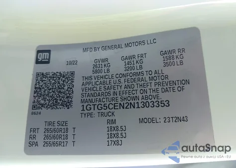2022 GMC Canyon 2Wd Short Box Elevation from USA, damaged, VIN 1GTG5CEN2N1303353
